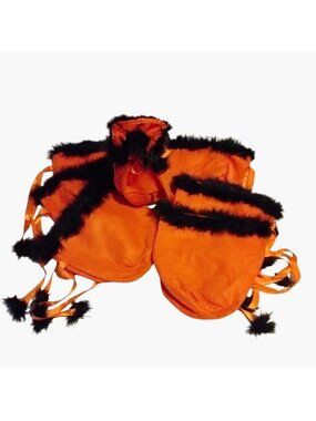 Halloween Gift Bag Fur Trim Trick Or Treat Orange Black Fuzzy Poms Lot 10